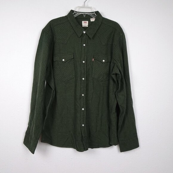 Levi's Flannel Western Shirt Men's Size XL Green Striped Pearl Snap - Picture 1 of 8